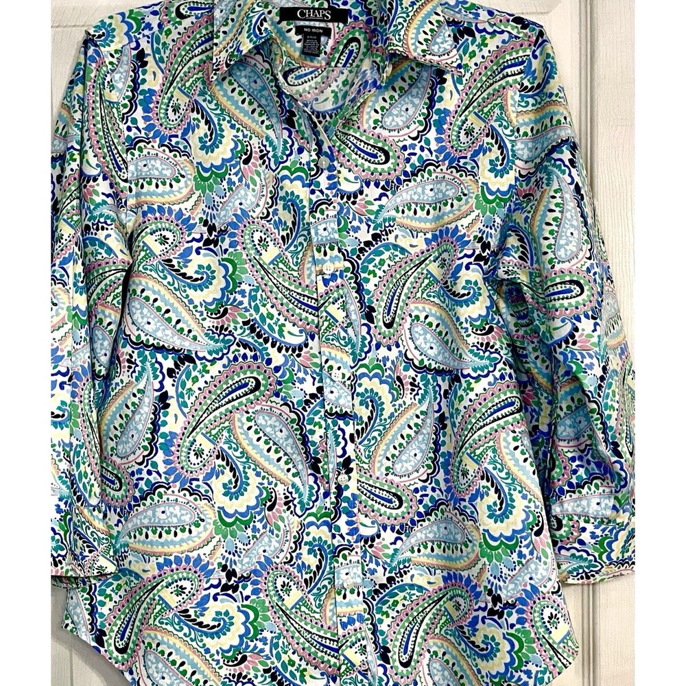 Chaps No Iron Button Up Shirt Womens L Multicolor Pastel Paisley 3/4 Sleeve